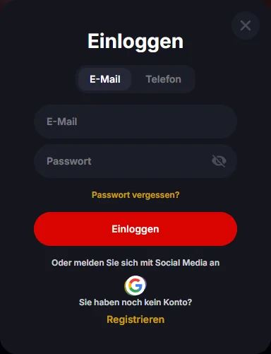 Login-Fenster von Yep Casino mit Reitern E-Mail und Telefon, Passwort und Link Passwort vergessen
