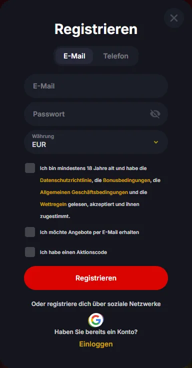 Registrierungsfenster von Yep Casino mit E-Mail, Passwort, Währung EUR und Häkchen ab 18